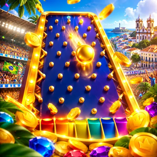 Cartão do jogo Plinko com bolas caindo no tabuleiro